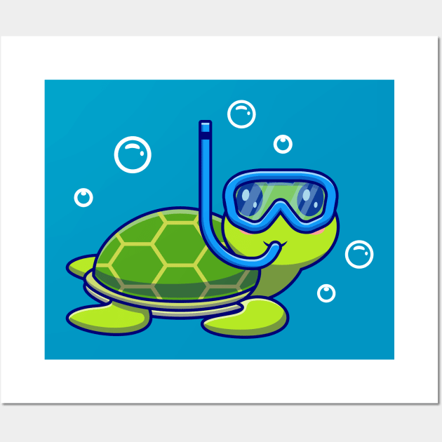 Cute Turtle Snorkeling In The Sea Cartoon Vector Icon Illustration Wall Art by Catalyst Labs